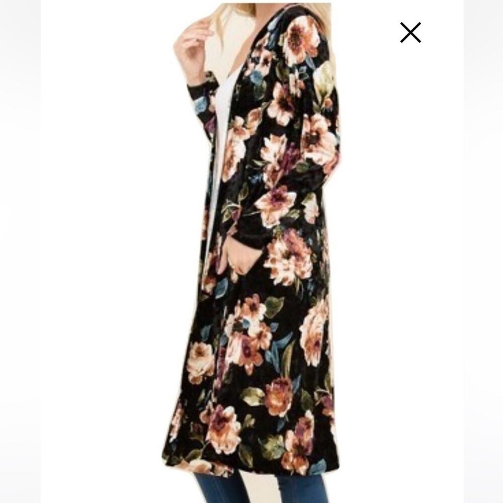Gorilla & Cat Velvet Stretch Floral Print Open Front Cardigan Kimono Black Large